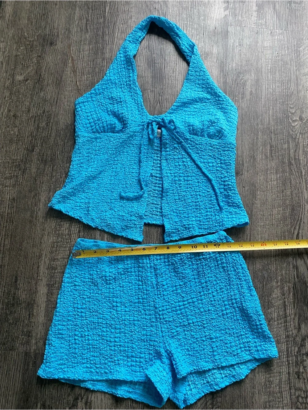 See You Monday Womens XL Blue Textured Crinkle Halter Top Shorts Set 2 Piece